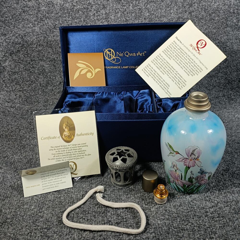 Ne Qwa Art Fragrance Oil Lamp Tom Wood Iris‎ Hummingbird Signed w Box COA